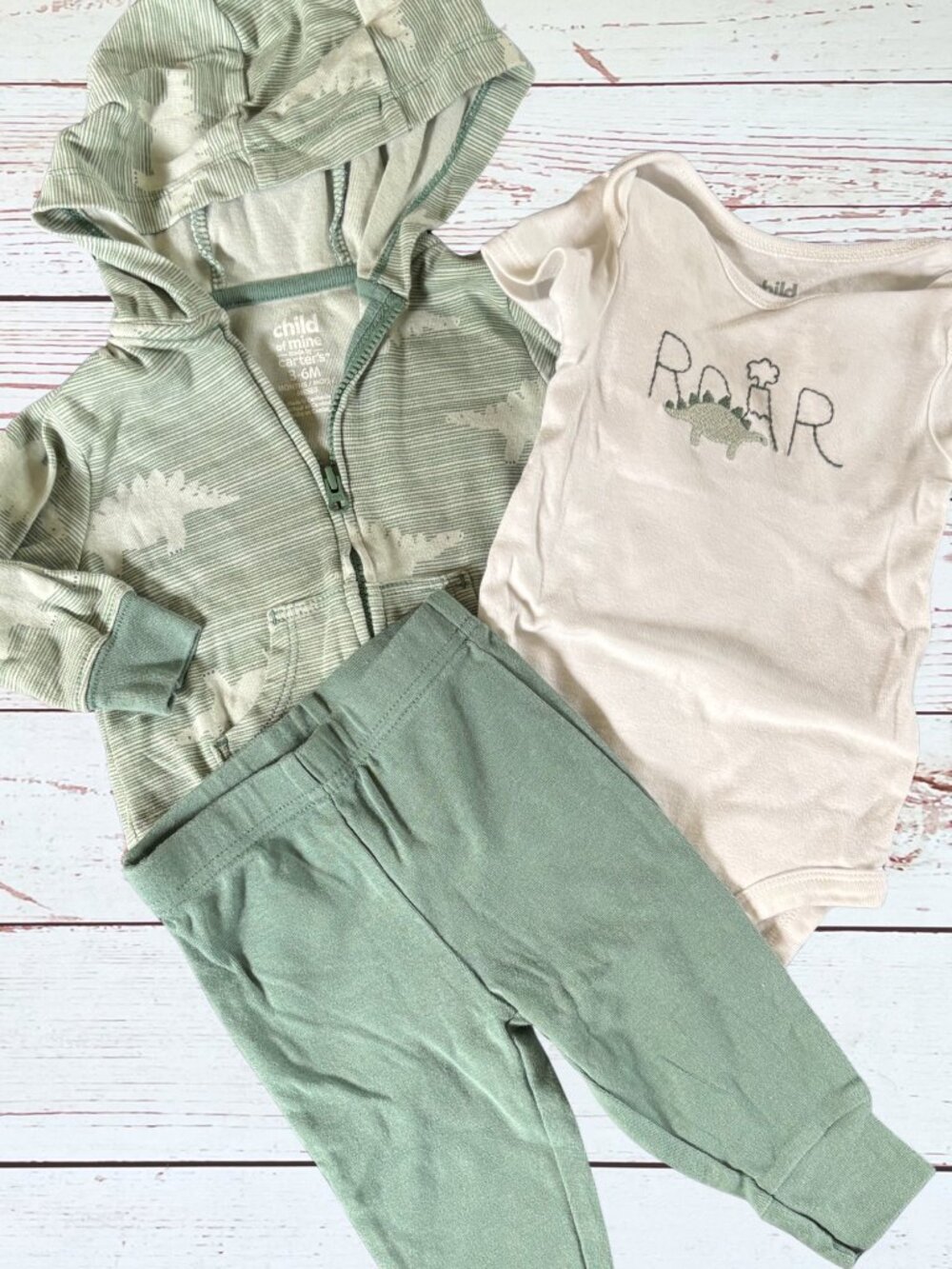 Child of Mine Baby Boy 3-6M 3 Piece Green Dino Outfit Set Hoodie Pants